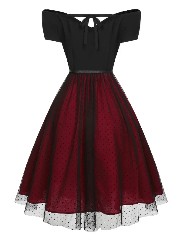 pre-sale-wine-red-1950s-polka-dots-drop-shoulder-belt-dress