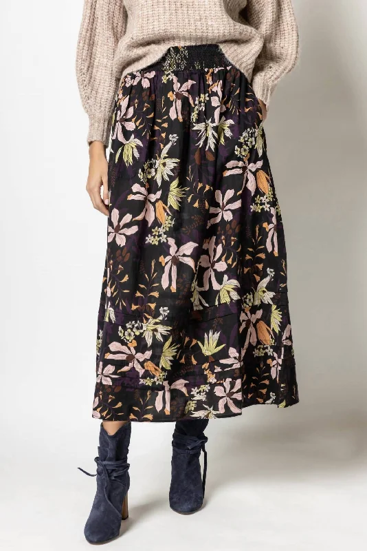 Printed Cotton Twill Smocked Waist Skirt In Black