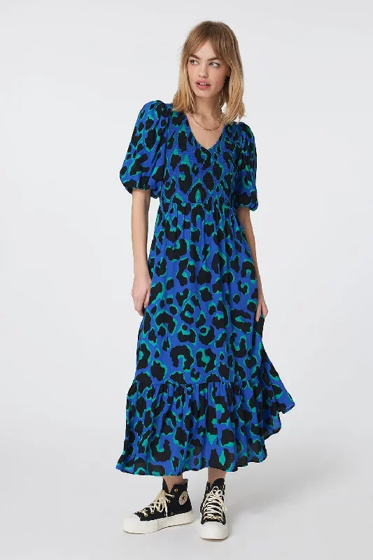 Blue with Green and Black Mega Leopard Shirred Puff Sleeve Midi Dress