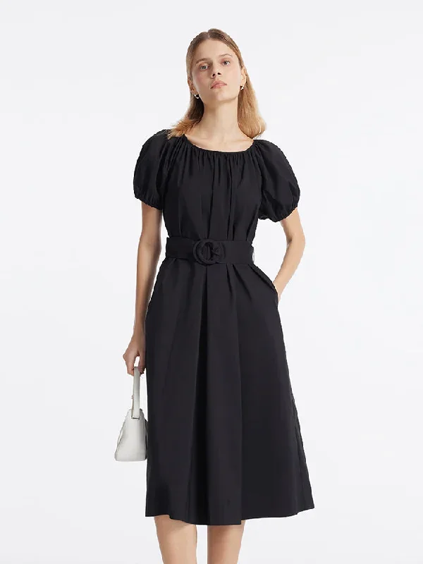 Puff Sleeves Women Midi Dress With Belt