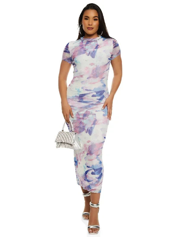 Iris Mesh Printed Short Sleeve Midi Dress