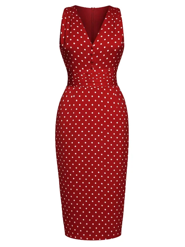 red-1960s-dots-v-neck-pencil-dress