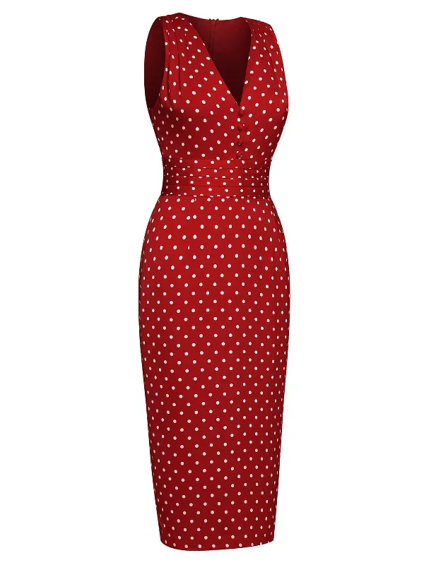 red-1960s-dots-v-neck-pencil-dress