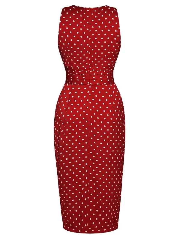 red-1960s-dots-v-neck-pencil-dress