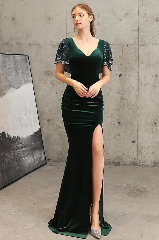 Robe de soirée en velours sirène vert foncé