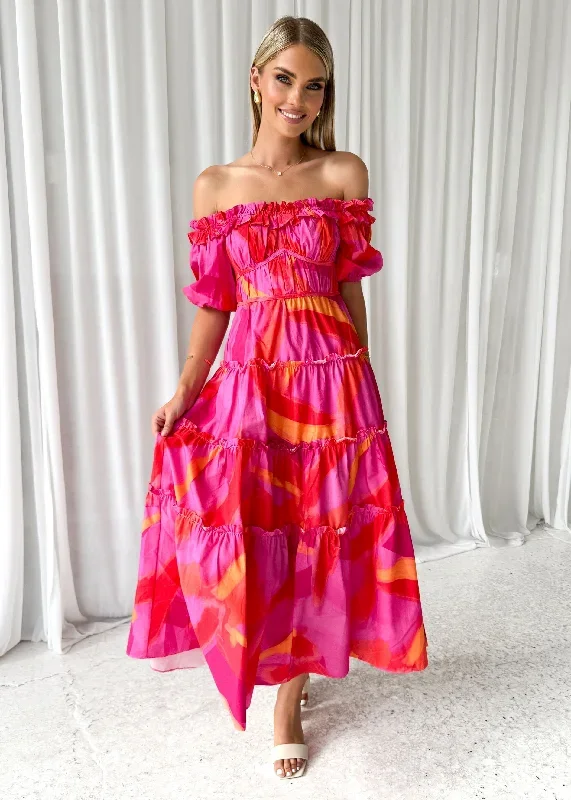 Rosalia Off Shoulder Midi Dress - Pink Splash