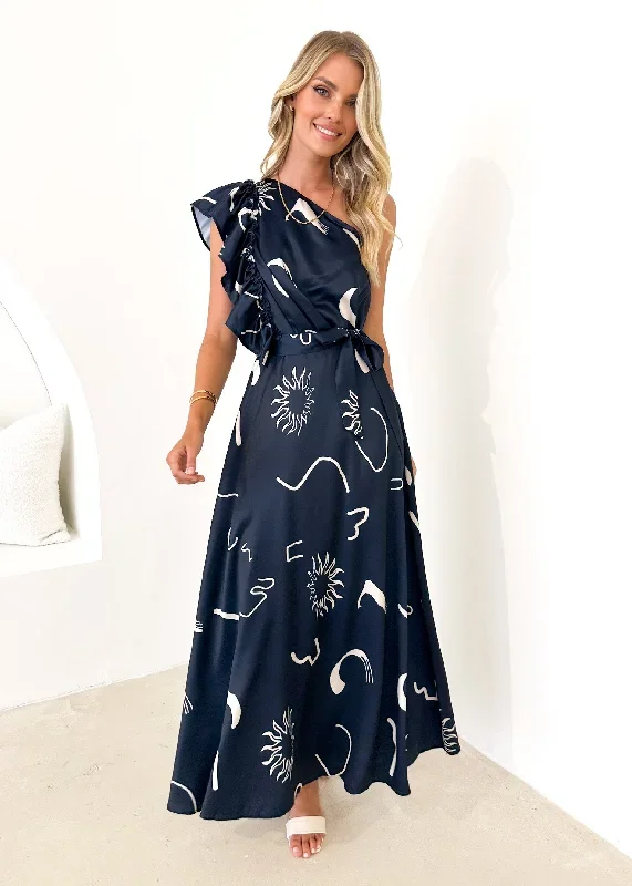 Rowler One Shoulder Midi Dress - Navy Abstract