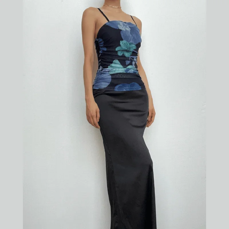 ruched-flower-print-zip-up-square-neck-contrast-slit-maxi-dress