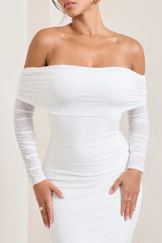 ruched-ivory-mesh-bardot-midi-dress