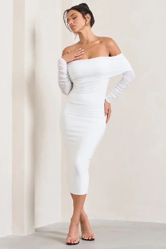 ruched-ivory-mesh-bardot-midi-dress