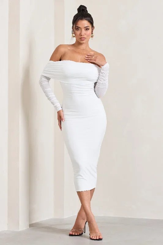 ruched-ivory-mesh-bardot-midi-dress