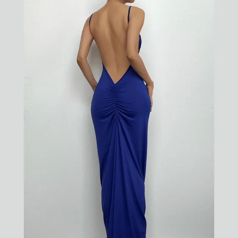 BerryBetty - Ruched solid backless cowl neck cami maxi dress