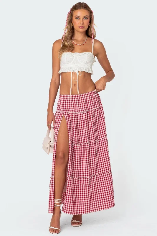 Gingham Side Slit Tiered Maxi Skirt