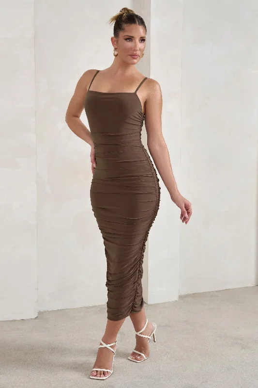 Saffy | Brown Cami Mesh Ruched Midi Dress