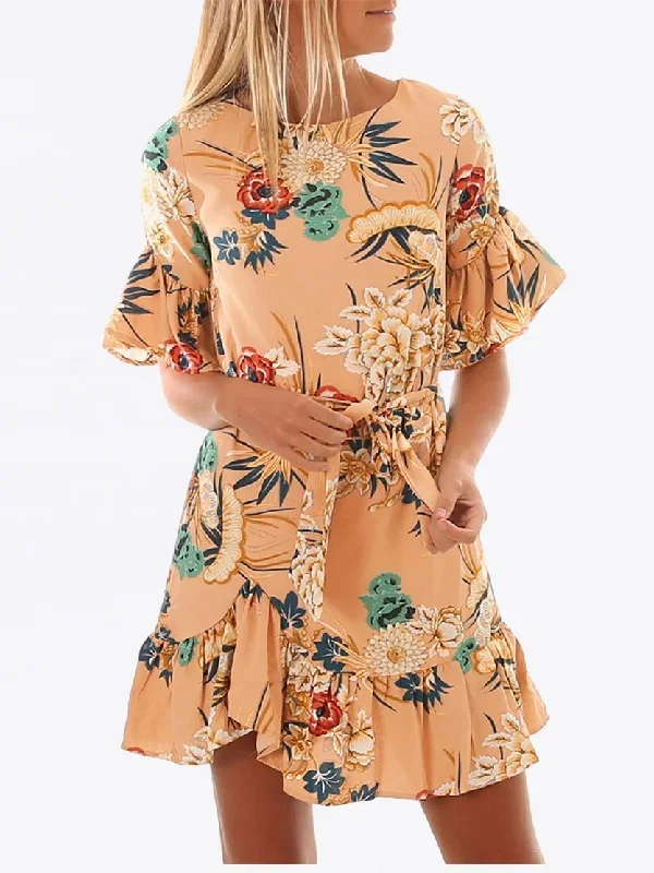 JuliaFashion - 2024 Saturday Morning Floral Print Ruffled Mini Dress