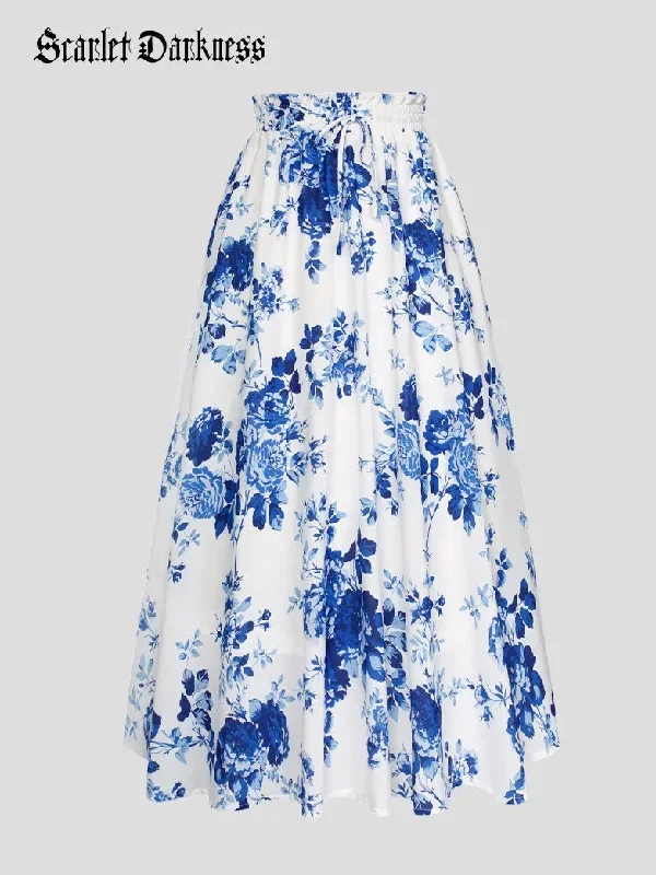 Women Floral Long Skirts Elastic Drawstring Pocket Swing Skirt