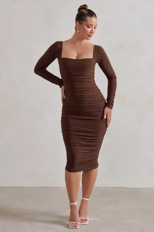 seductress-chocolate-long-sleeve-square-neck-ruched-midi-dress-cl127075067