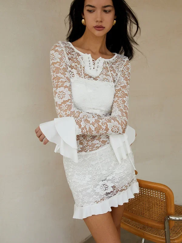 Sheer Long Sleeve Lace Short Dress