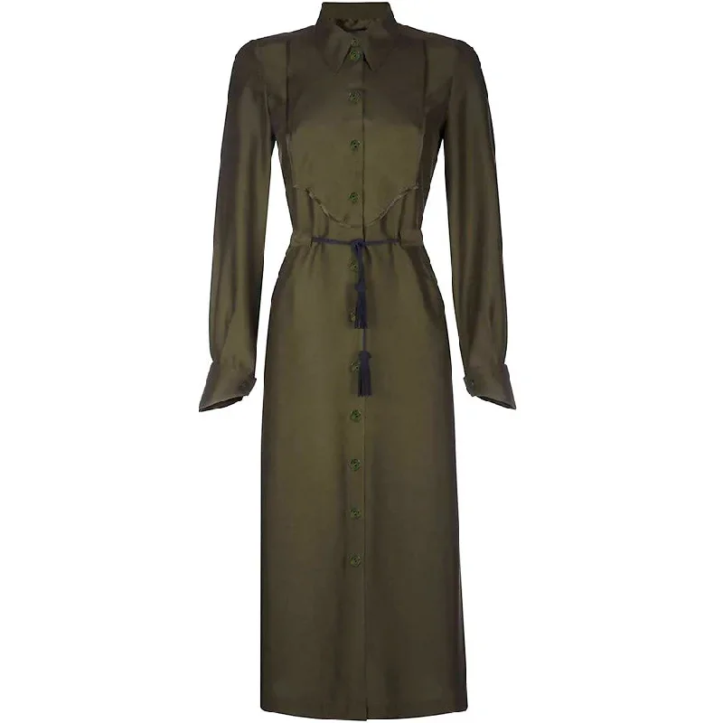 SHIRT DRESS WITH POINTED COLLAR IN OLIVE & CARAMEL "MAGDALENA"