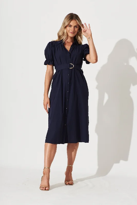 Sicilly Midi Shirt Dress In Navy Cotton