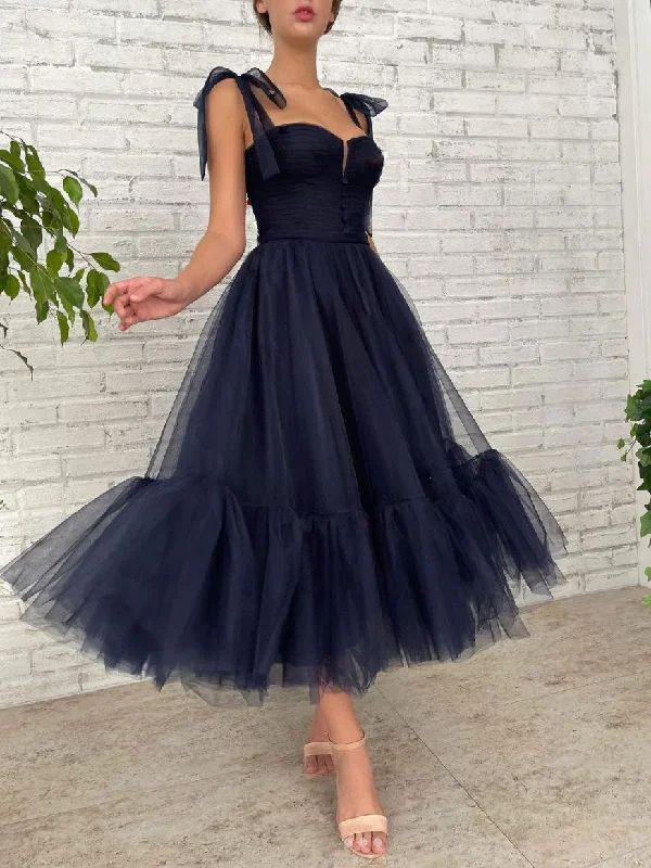 Simple dark blue tulle prom dress, blue tulle formal dress