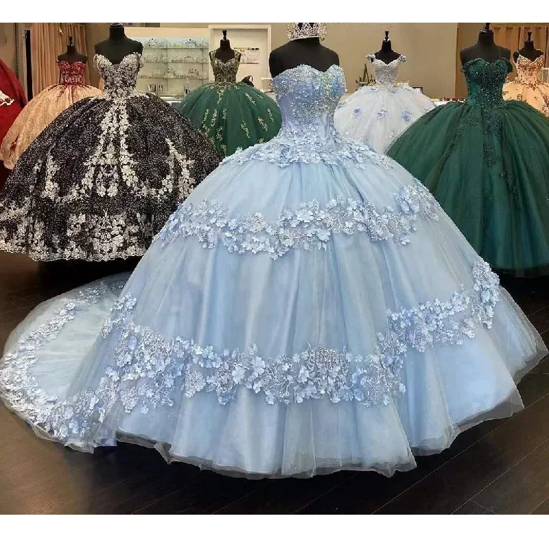 Sky Blue Ball Gown Quinceanera Dresses Beads Sequined 3D Flowers Sweetheart Appliques Sweet 16 Dress vestidos de 15 años