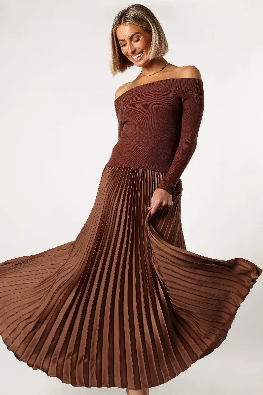 Slate Off Shoulder Pleated Midi Dress - Bronze