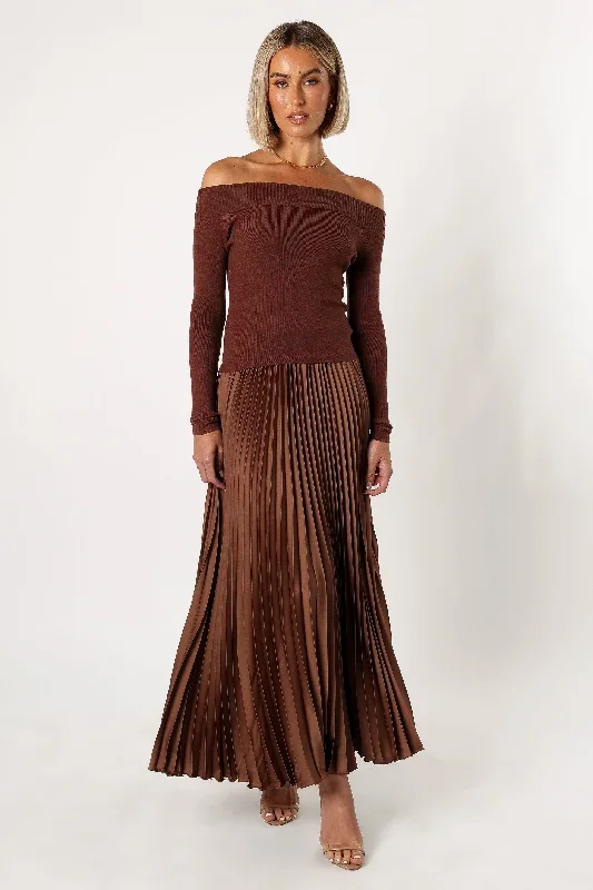 slate-off-shoulder-pleated-midi-dress-bronze