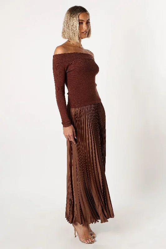 slate-off-shoulder-pleated-midi-dress-bronze