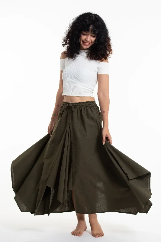 Solid Color Cotton Handkerchief Midi Skirt in Olive