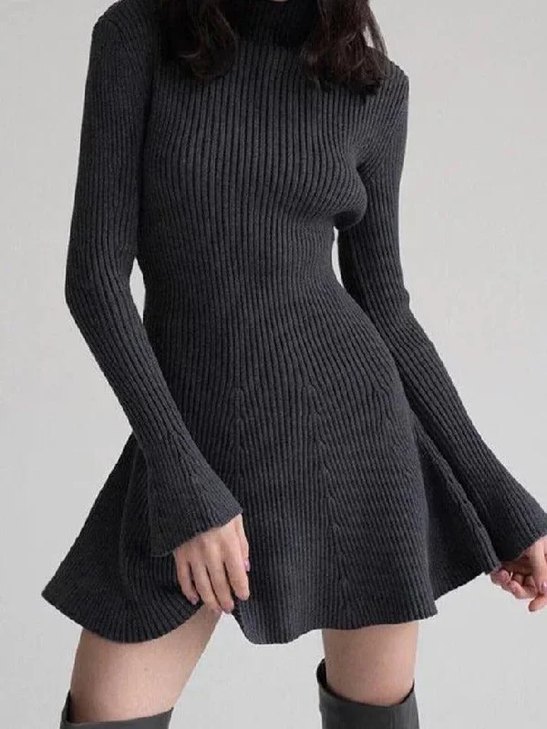 Solid High Neck Slim Knit Mini Dress