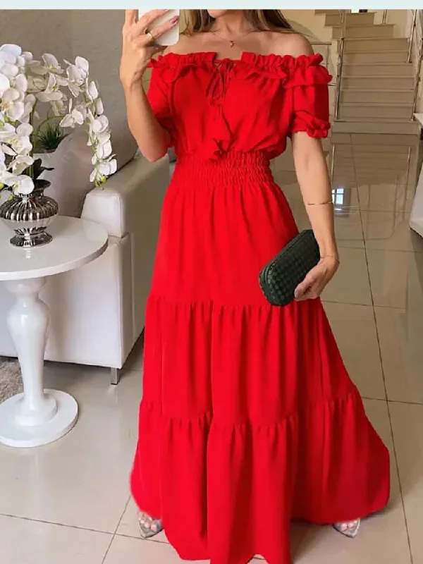 Summer Solid Boho Dress Women Fashion Elegant Beach Party Dress Casual Slash Neck Office Maxi Dresses For Woman Robe Femme New