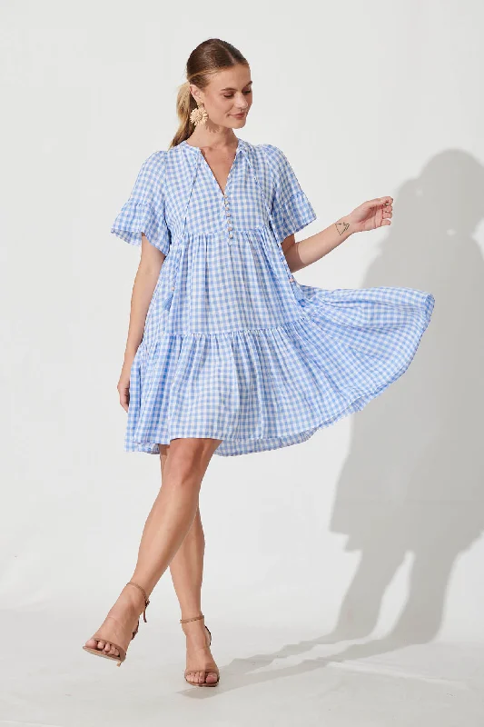 Tahnee Smock Dress In Blue And White Gingham Cotton Blend