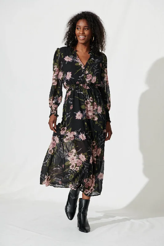 Taylor Maxi Dress In Black With Blush Floral Chiffon