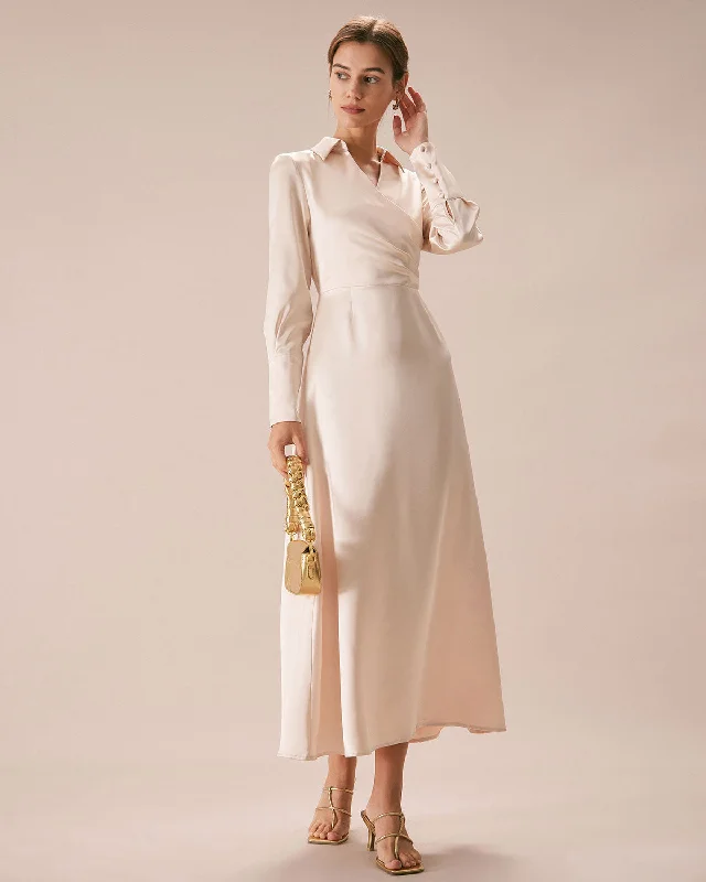 The Apricot Lapel Pleated Satin Maxi Dress