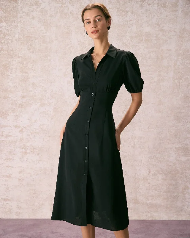 The Black Lapel Button Puff Sleeve Midi Dress