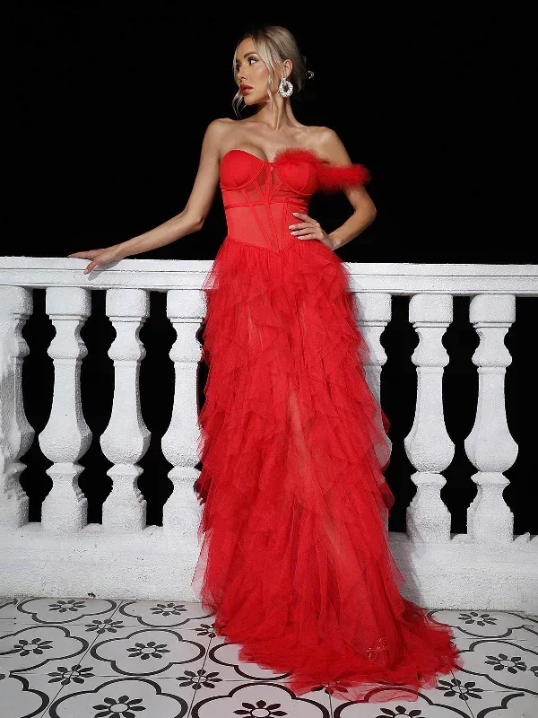 Titania One Shoulder Tulle Maxi Dress In Red