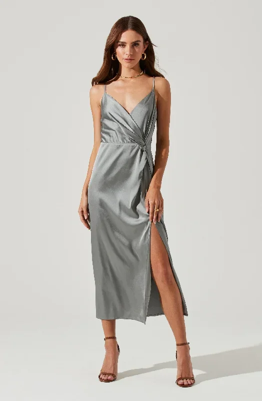 Twist Front Satin Midi Dress