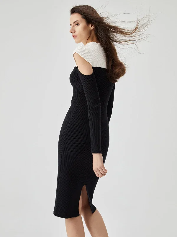 two-tone-patchwork-cold-shoulder-split-knit-midi-dress