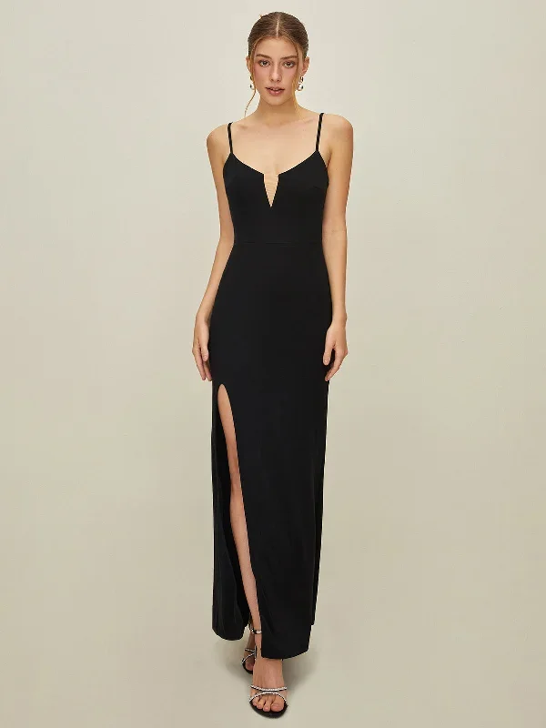 V-Neck Solid Split Open-Back Dress