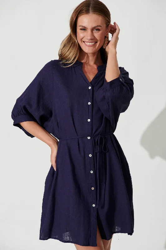 Vanuatu Shirt Dress In Navy Linen Blend