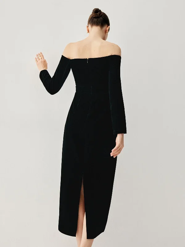 velvet-off-shoulder-patchwork-slit-midi-dress