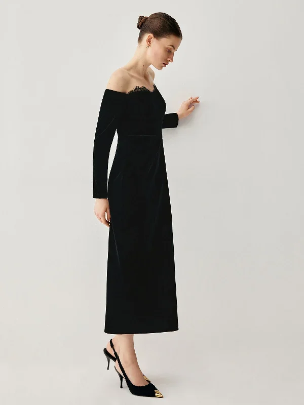 velvet-off-shoulder-patchwork-slit-midi-dress