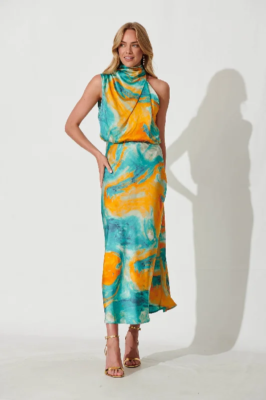 Visions Maxi Dress In Aqua With Orange Watercolour Satin