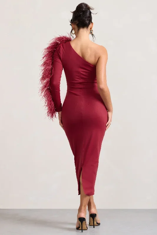 wild-one-burgundy-one-shoulder-bodycon-midi-dress-with-feather-trimmed-sleeve-cl128897069