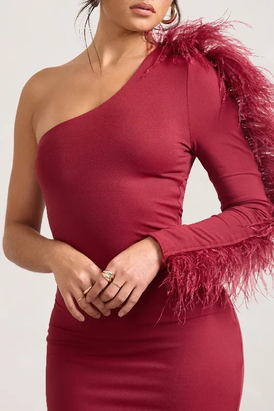 wild-one-burgundy-one-shoulder-bodycon-midi-dress-with-feather-trimmed-sleeve-cl128897069