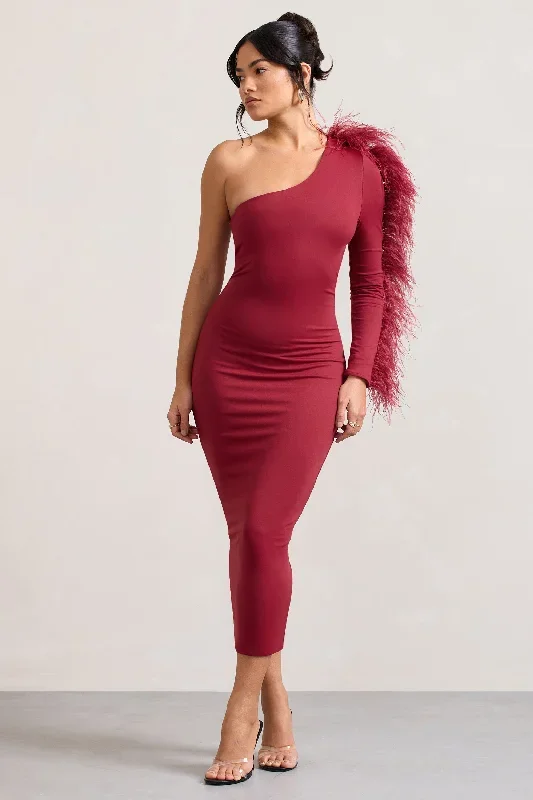 wild-one-burgundy-one-shoulder-bodycon-midi-dress-with-feather-trimmed-sleeve-cl128897069