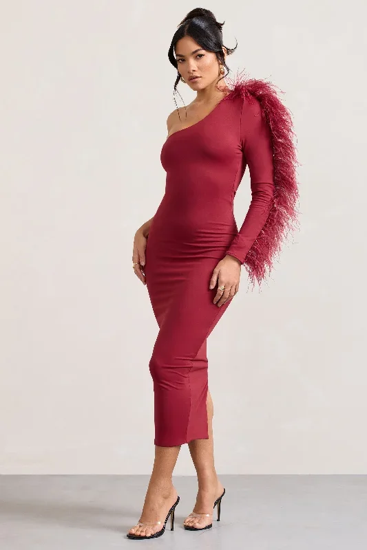 wild-one-burgundy-one-shoulder-bodycon-midi-dress-with-feather-trimmed-sleeve-cl128897069