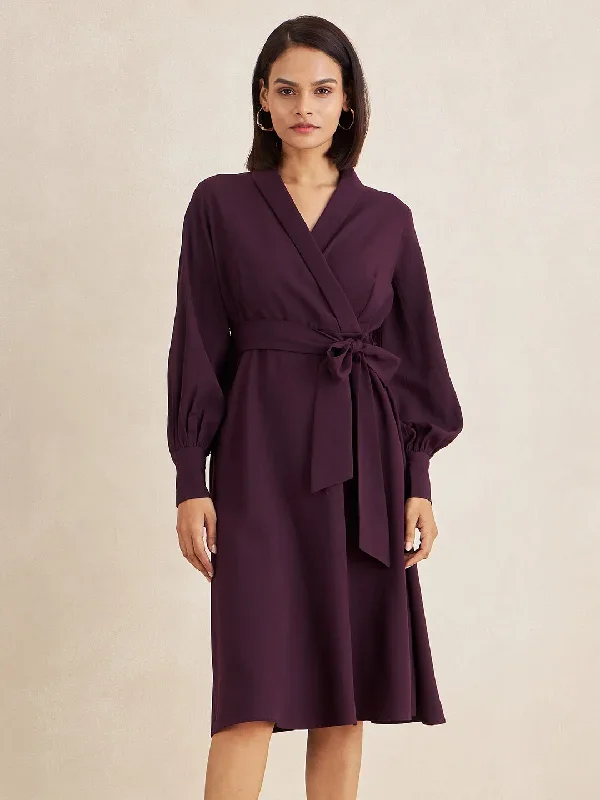 Wine Wrap Belted Midi Dress 