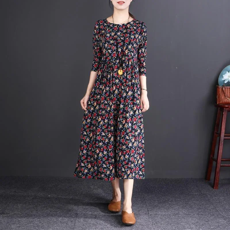 women floral cotton linen dress plus size clothing O neck wrinkled linen maxi dress vintage long sleeve baggy dresses